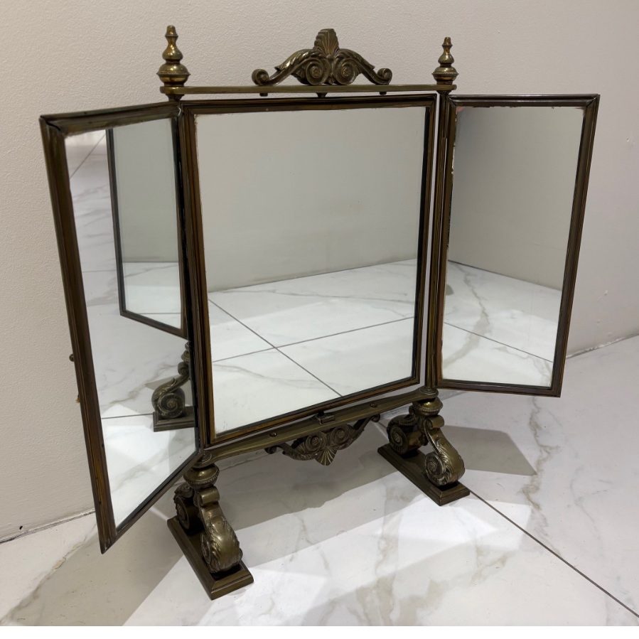 Antique Victorian Heavy Brass Triptych Dressing Table Mirror With Swivel Centre - VIN1186D