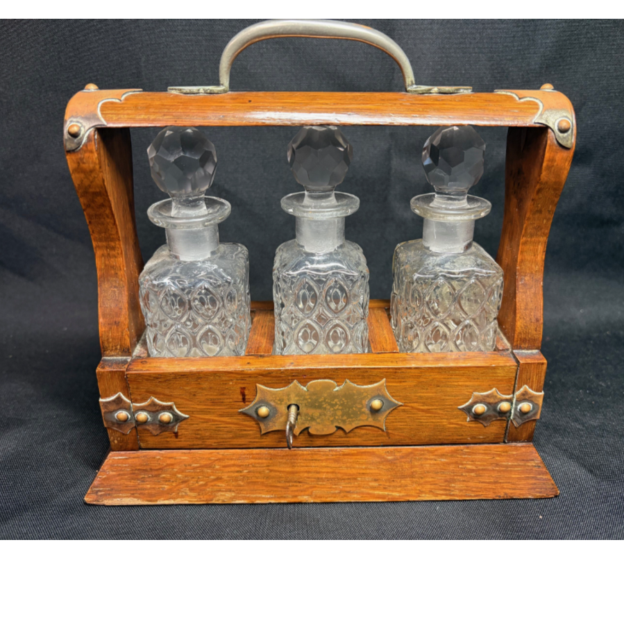 Antique Oak Three Mini Decanter Tantalus With Brass Fittings - VIN1229Q