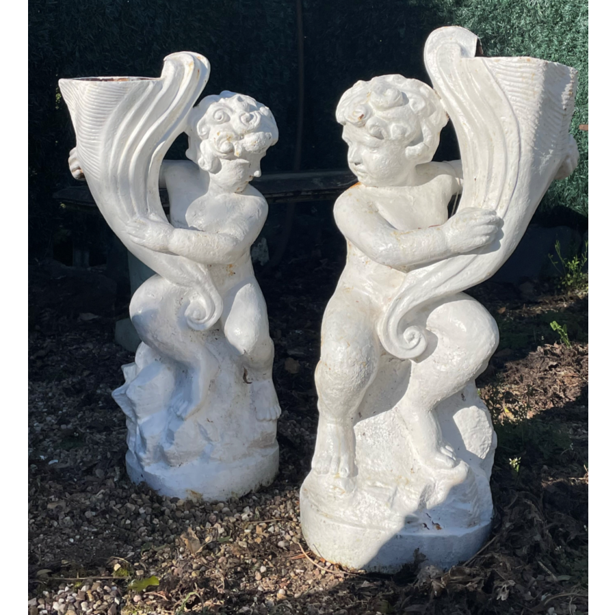 Original Pair of Cast Iron Cherub Planters - VIN514B