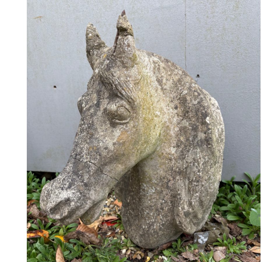 Weathered Reconstituted Stone Horse Head Sculpture - VIN1249E - 2 Available