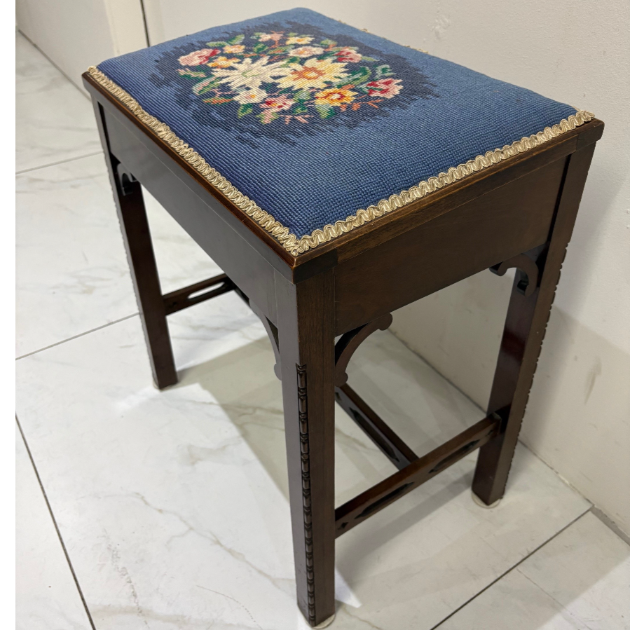 Vintage Mahogany Piano Stool with Floral Needlepoint Seat - VIN1252Y