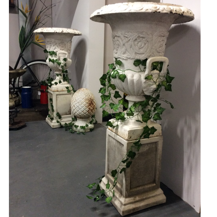 Pair Cast Iron Urns & Plinths VIN459F