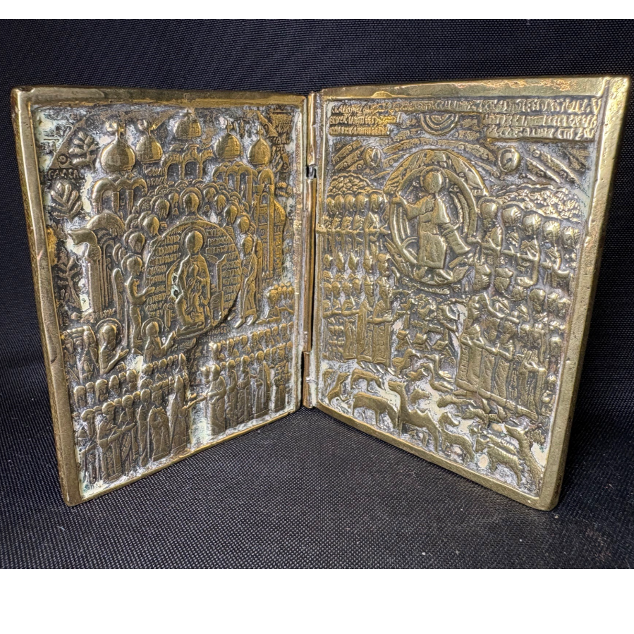 Antique 19th C. Russian Orthodox Bronze Folding Diptych Icon - VIN1109T Antique 19th C. Russian Orthodox Bronze Folding Diptych Icon - VIN1109T