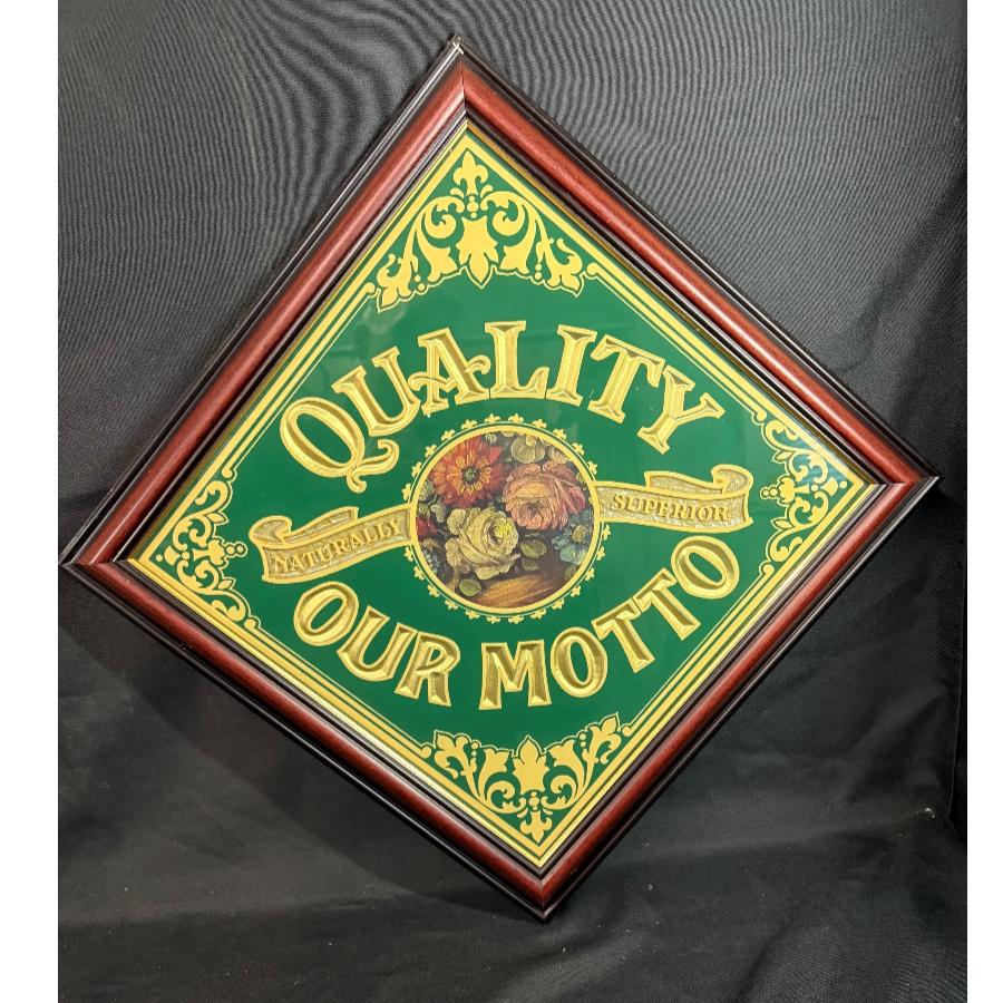 Vintage 'Quality Our Motto' Framed Diamond Shaped Pub Mirror - VIN1237F Vintage 'Quality Our Motto' Framed Diamond Shaped Pub Mirror - VIN1237F