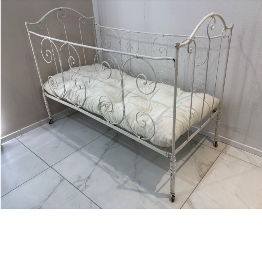 Vintage Ornate White Wrought Iron Folding Cot On Casters - VIN1244R Vintage Ornate White Wrought Iron Folding Cot On Casters - VIN1244R