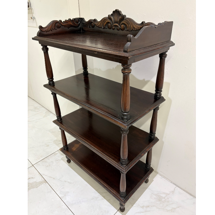 Antique Four Shelf Whatnot Unit With A Decorative Carved Top Gallery - VIN1267H Antique Four Shelf Whatnot Unit With A Decorative Carved Top Gallery - VIN1267H