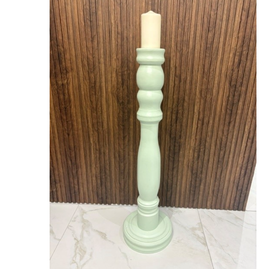 Large Vintage Pastel Green Turned Wooden Candlestick - VIN1276E