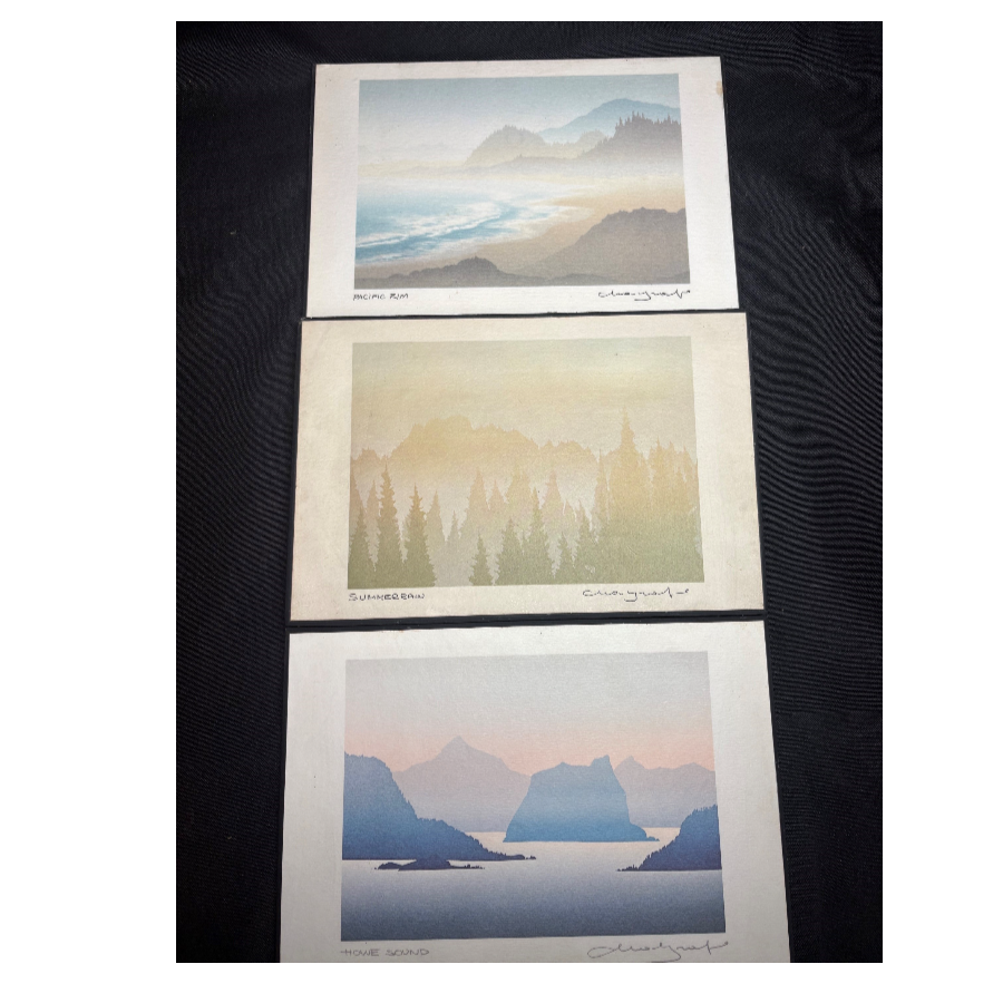 Vintage 1970’s mid century minimalist framed art set of 3 Canadian West Coast landscapes by Peter and Traudle Markgraf - Set 2 - VIN1280C Vintage 1970’s mid century minimalist framed art set of 3 Canadian West Coast landscapes by Peter and Traudle Markgraf - Set 2 - VIN1280C