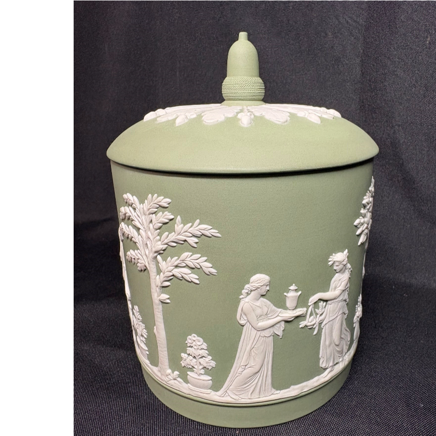 Vintage Wedgwood Sage Green Jasperware Lidded Jar - VIN1258W