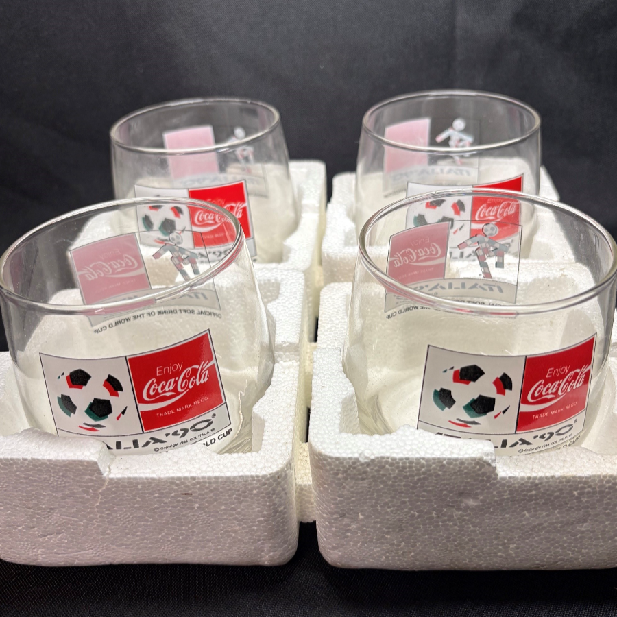 Set 4 Coca Cola 'World Cup Italia 90' Tumbler Glasses - VIN1240M Set 4 Coca Cola 'World Cup Italia 90' Tumbler Glasses - VIN1240M