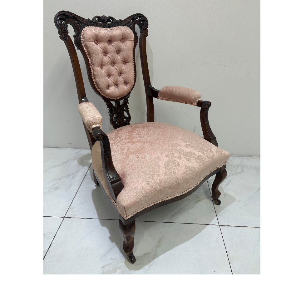 Victorian Armchair With Classic Button-Tufted Pink Fabric - VIN1287U