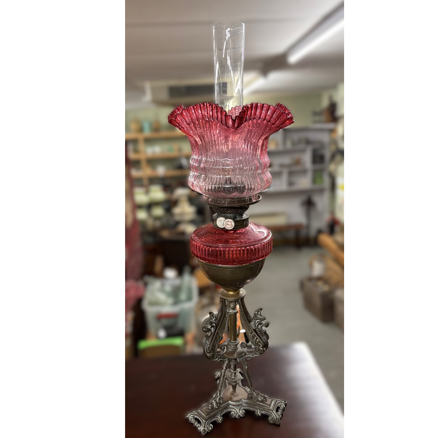 Antique c.1880 Victorian Cranberry Glass Oil Lamp - VIN1287W Antique c.1880 Victorian Cranberry Glass Oil Lamp - VIN1287W