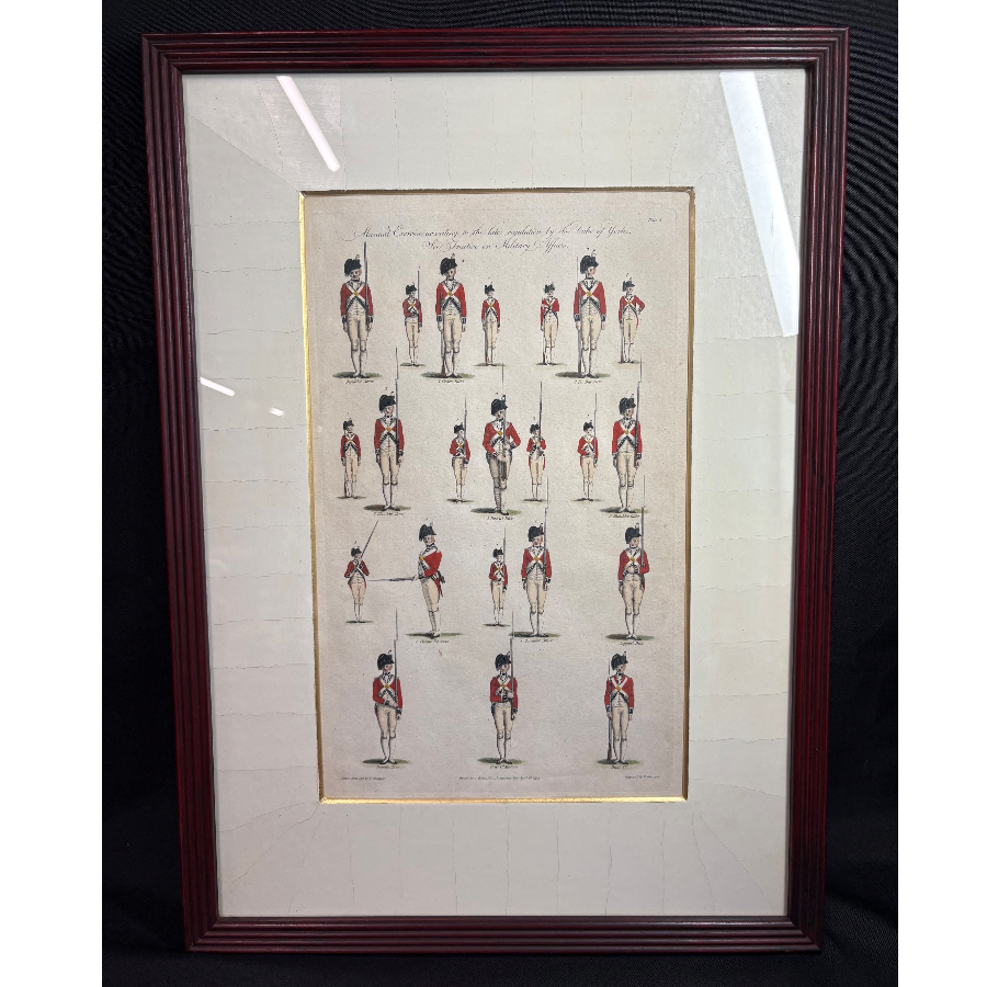Antique c.1795 Georgian British military red coat soldiers drill print - VIN1286T Antique c.1795 Georgian British military red coat soldiers drill print - VIN1286T