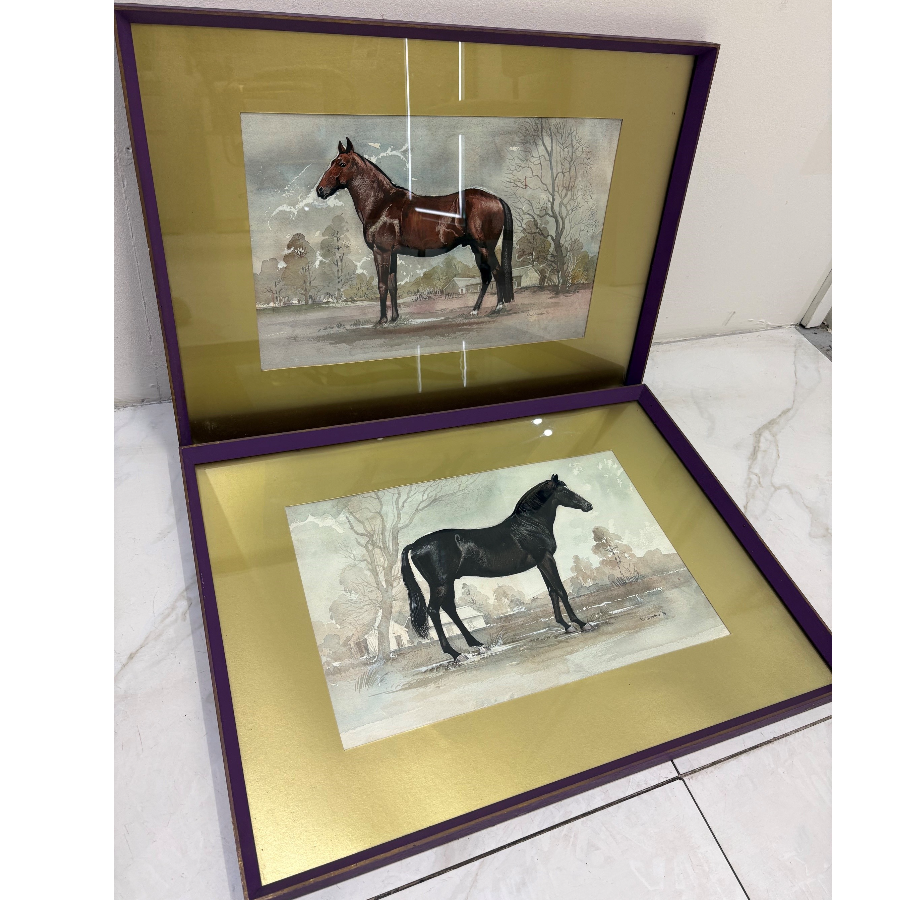 A pair of vintage 1974 original horse water colour paintings signed by British artist by R J Weston - VIN1286M A pair of vintage 1974 original horse water colour paintings signed by British artist by R J Weston - VIN1286M