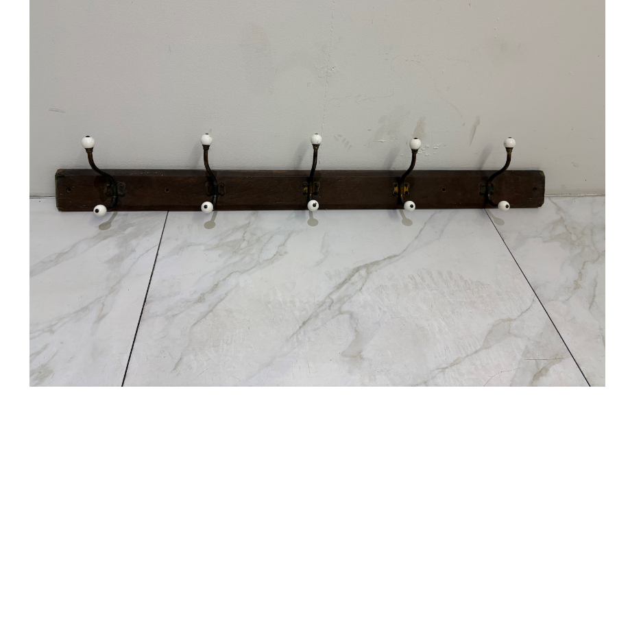 Antique 1900’s Brass and ceramic 5 hook oak coat rack - VIN1286Z Antique 1900’s Brass and ceramic 5 hook oak coat rack - VIN1286Z