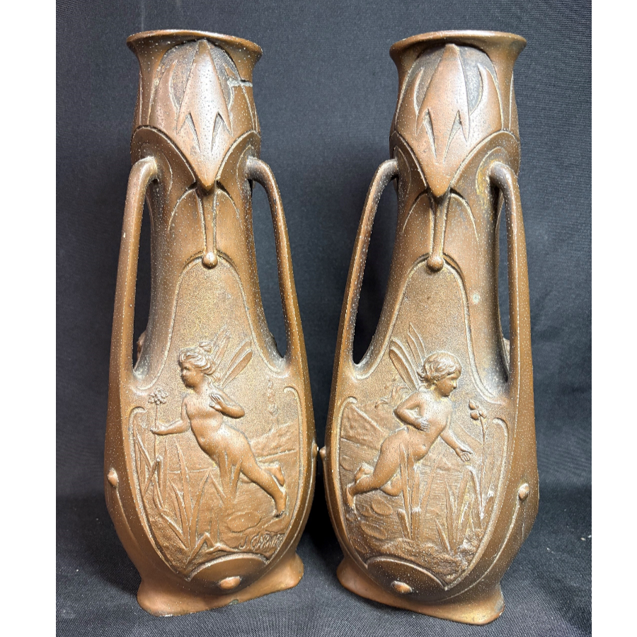 Pair of Vintage Art Nouveau Figural Metal Vases - VIN1286X Pair of Vintage Art Nouveau Figural Metal Vases - VIN1286X