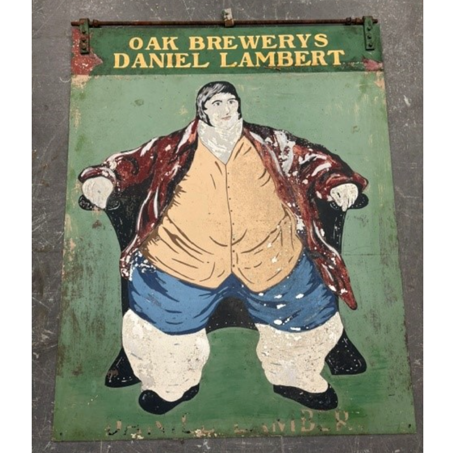 Large Vintage Hand Painted Double Sided Metal Pub Sign ‘Oak Brewerys Daniel Lambert' – VIN1291W Large Vintage Hand Painted Double Sided Metal Pub Sign ‘Oak Brewerys Daniel Lambert' – VIN1291W
