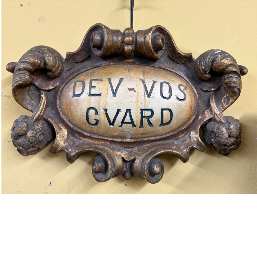 Antique 1920’s ornate gilded wall plaque inscribed Dev-Vos Cvard (God Keep You) with scrolls and fruit - VIN1302E Antique 1920’s ornate gilded wall plaque inscribed Dev-Vos Cvard (God Keep You) with scrolls and fruit - VIN1302E