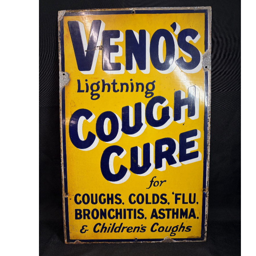 Original Antique Veno’s Lightning Cough Cure Enamel Sign - VIN1303B Original Antique Veno’s Lightning Cough Cure Enamel Sign - VIN1303B