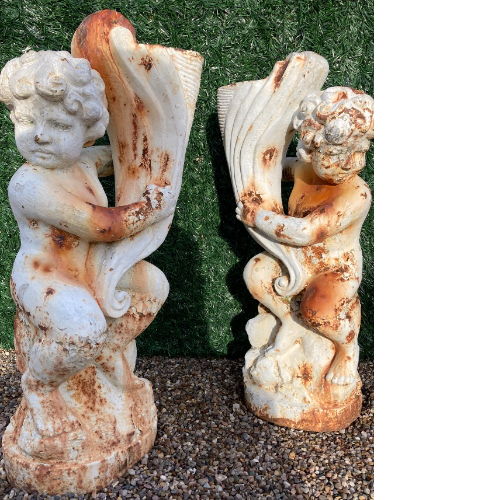 Original pair of cast iron cherub planters VIN514B