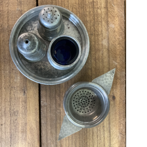 Antique pewter cruet set/tea strainer VIN511M